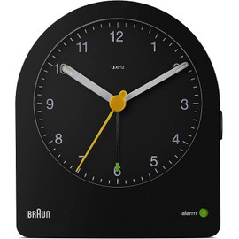 Braun classic analogue alarm clock with snooze and continuous backlight, quiet quartz movement, crescendo beep alarm in black, model BC22B