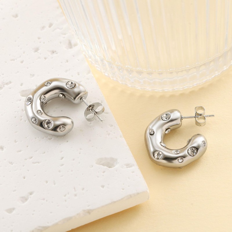 QueenBee Silver Plated Crystal Studded C Shaped Hoop Earrings, Chunky