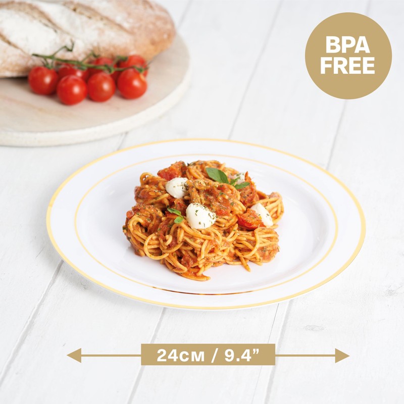 MATANA 50 Premium White Plastic Dinner Plates with Gold Rim,