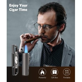 RONXS Cigar Lighter and Cutter Set, Adjustable Jet Flame Torch Lighter and Cigar Cutter, Windproof Cigarette Lighters, Great Gift Idea for Father's Day and Birthday (Butane Gas Not Included) (Black)