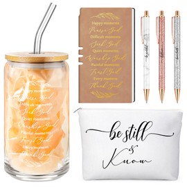 Spakon 6 Pcs Christian Gifts for Women Bible Verse A6 Leather Journal Notebook 16 oz Glass Cup Glitter Ballpoint Pen Makeup Bag Inspirational Gifts Sunday School Teacher Appreciation Day(Brown)