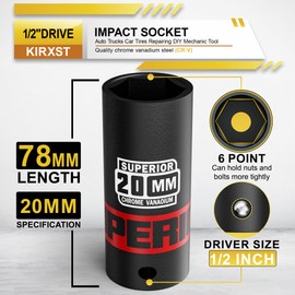 KIRXST Impact Wrench Nuts 1/2 Inch, SW 20 mm Power Socket Spanner Insert, CR-V Impact Wrench Insert Wheel Bolts Nut, 78 mm Long