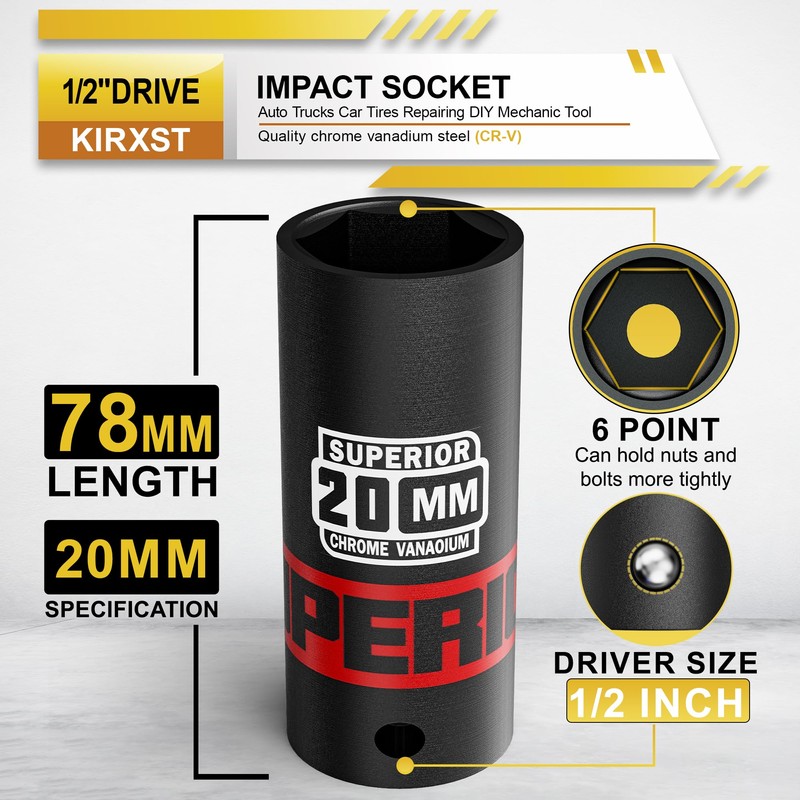 KIRXST Impact Wrench Nuts 1/2 Inch, SW 20 mm Power