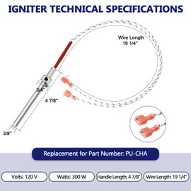 Hiorucet PU-CHA Igniter Compatible with Englander Pellet Stove 25-PDVC, 55-SHP10, 25-PDV, 25-EP, 25-IP, 55-TRP22, 25-PAH, 55-SHP22, 55-SHPEP, 25-PAF, Fireplace Hot Rod Ignitor, 300W, Replaces PU-CHA