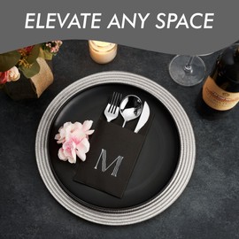 Monogrammed Napkins Black With Pocket For Flatware, 50-Pack 16" x 16" Silver Foil Letter W Disposable Linen-Feel Napkins, Prefolded Silverware Pocket Napkins For wedding, Party Or Baby Shower