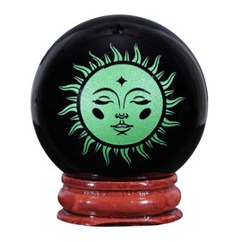 Nupuyai Nupuyai 1.9" Engraved Symbol Obsidian Crystal Ball with Stand, Polished Feng Shui Crystal Sphere Stone Ornament Home Office Decor, Sun God, Green
