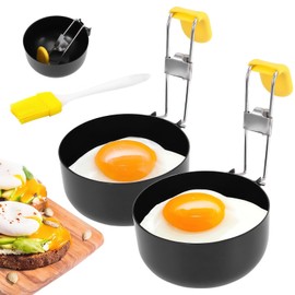 Miawtro Egg Rings for Frying, 2-Piece Egg Poacher with Foldable Anti-Scalding Handle, Non-Stick Coated Egg Rings with Hanging Ears and Oil Brush for Kitchen Egg Breakfast,Melted Butter