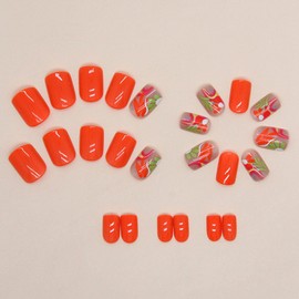 Summer Press on Nails Square False Nails with Colorful Flower Designs Short Fake Nails Orange Nails Press ons Cute Acrylic Nails Glossy Glue on Nails Artificial Stick on Nails for Women 24 Pcs