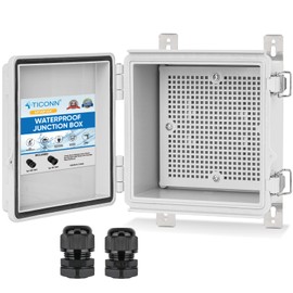 TICONN Waterproof Electrical Junction Box IP67 ABS Plastic Enclosure with Hinged Cover with Mounting Plate, Wall Brackets, Cable Glands (Off-White, 5.9"x5.9"x3.5")