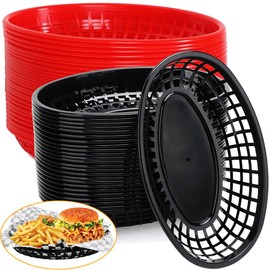 50 Pack Black and Red Plastic Bread Baskets 9" x 5.7" Oval Fry Fast Food Basket Plastic Serving Baskets for Restaurant Supplies, Deli Serving, Chicken, Burgers, Sandwiches, Fries