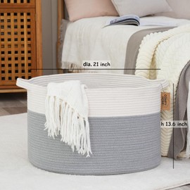 COMFY-HOMI XXXL Large Laundry Basket, Cotton Rope Nursery Woven Basket for Storage, Blanket Baskets Living Room Laundry Hamper, Dog Toy Storage Organizer, Home Decor-21''x21''x13.6''-White/Grey