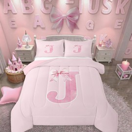 Erosebridal Monogrammed Gifts Comforter Set Full for Women,Initial Bows Bedding for Girls,Letter J Quilt,Coquette Trendy Birthday Gifts for Mom/Daughter/Sister/Girlfriend,Soft Microfiber(J)