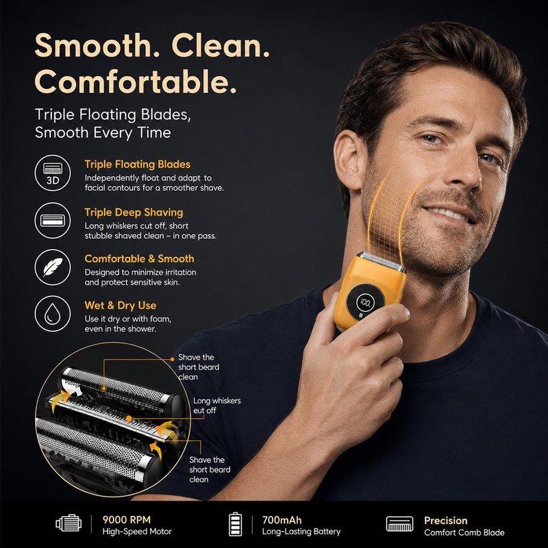 Electric Foil Shaver for Men Face Grooming Razor Beard Trimmer(Yellow)