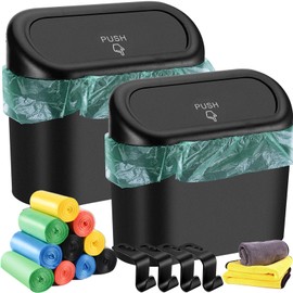 2-Pack Car Trash Can With Lid, Hanging Mini Vehicle Bin, 210 Trash Bags, 4 Headrest Hooks, Dustbin Garbage Organizer for Home Office