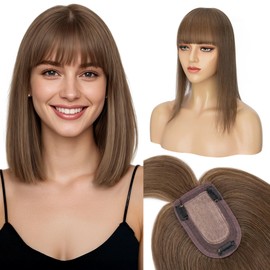 S-noilite Human Hair Toppers for Women with Bangs 100% Real Human Hairpiece 5"x3" Clip in Silk Base Topper Piece Cover Thinning Fine Hair 12 inch Chestnut Brown