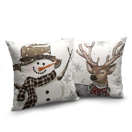 Kwlegh Pack of 2 Christmas Throw Pillow Covers 22x22 Brown Snowman Reindeer with Snowflakes Throw Pillow Covers Decorative Cotton Linen Pillow Case for Winter Decor Couch Living Room