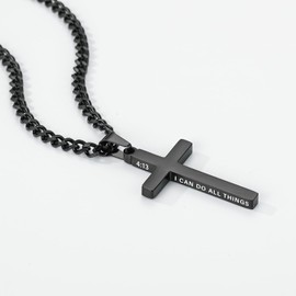 Gnamy Cross Necklace for Men Boys, Black Stainless Steel Bible Verse Cross Pendant Cuban Link Chain Christian Religious Catholic Christmas Valentines Day Baptism Jewelry Gifts for Teen Teenage Kids Son 8-12 Black 4:13
