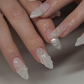 Buy 10 Get 10 Free! [Machine-Made] 24pcs Press-On Nails with Rhinestones & Flowers – French Style Glue-On Nails for Women & Girls Full Cover Shiny Glitter Long Lasting Quality:_M-AL-WH-004