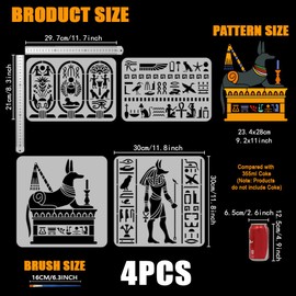 FINGERINSPIRE 4 PCS Egyptian Symbols Stencil for Painting with Brush A4/11.8inch Reusable God Anubis Sphinx Template Hieroglyphic Eye of Horus Stencil Plastic PET Egypt Theme Template for Decor