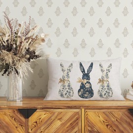 AOFANGGO Easter Blue and White Porcelain Color Bunny Throw Pillow Cover, 12 x 20 Inch Spring Flowers Bow Chinoiserie Rabbit Outdoor Farmhouse Decorative Cushion Cases for Couch Bed Decoration