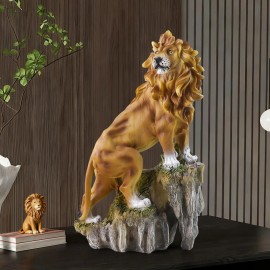 Brownish-yellow Resin Lion Figurine Hand-painted Textured Mane Design Artistic Style Imposing Decorative Shape for InteriorColor: As picture, Size: One Size