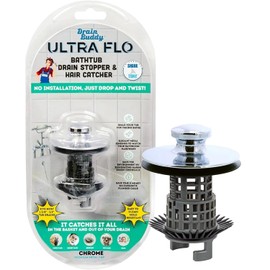 Drain Buddy Ultra Flo No Installation 2 in 1 Clog Preventing Tub Drain Stopper and Hair Catcher for 1 3/8" to 1.5" Bathtubs and Utility Sinks Chrome Metal Cap