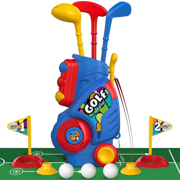 Liberry Toddler Golf Set with Putting Mat for 2 3 4 5 Years Old Boys Girls, Upgraded Kids Golf Cart with Unique Shoulder Strap Design, Indoor and Outdoor Golf Toys
