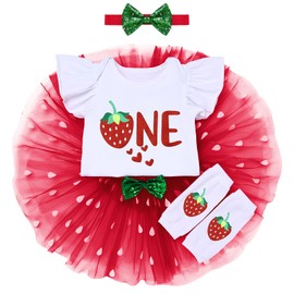 IBTOM CASTLE Strawberry Shortcake Party Decorations, First Birthday Outfit for Baby Girls Ruffle Romper Tutu Skirt Sequin Bowknot Leggings Holiday Hawaiian Clothes Set Red Strawberry-1st 1 Year