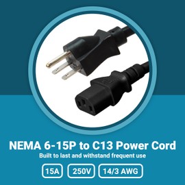 IronBox Electric NEMA 6-15 Plug to C13 Connector Power Cords - 15A/250V - 14/3 AWG - Power Supply Replacement Cable - UL Listed Heavy Duty Cord for Monitor, Computer, TV & More (1ft, Molded)