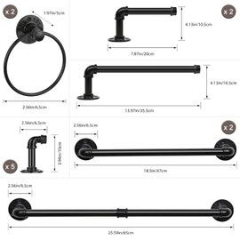 13-Pieces Towel Bar Set Black Bathroom Hardware Set Industrial Pipe Bath Towel Rack Accessories Kit Wall Hand Towel Bar, Toilet Paper Holder, Towel Ring, Robe Towel Hooks, Kitchen Tissue Paper Hanger