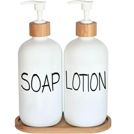 White Soap Dispenser Bathroom Set, Set with Glass Dispenser, Bamboo Pumps & Tray. Hand and Lotion Suitable for Farmhouse Decor