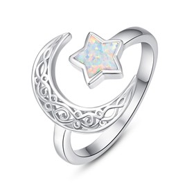 Dreamboat Sterling Silver Moon and Star Rings for Women Crescent Moon Ring Celestial Galaxy Ring White Opal Ring Witchy Ring Star Jewelry Gifts Adjustable Open Ring