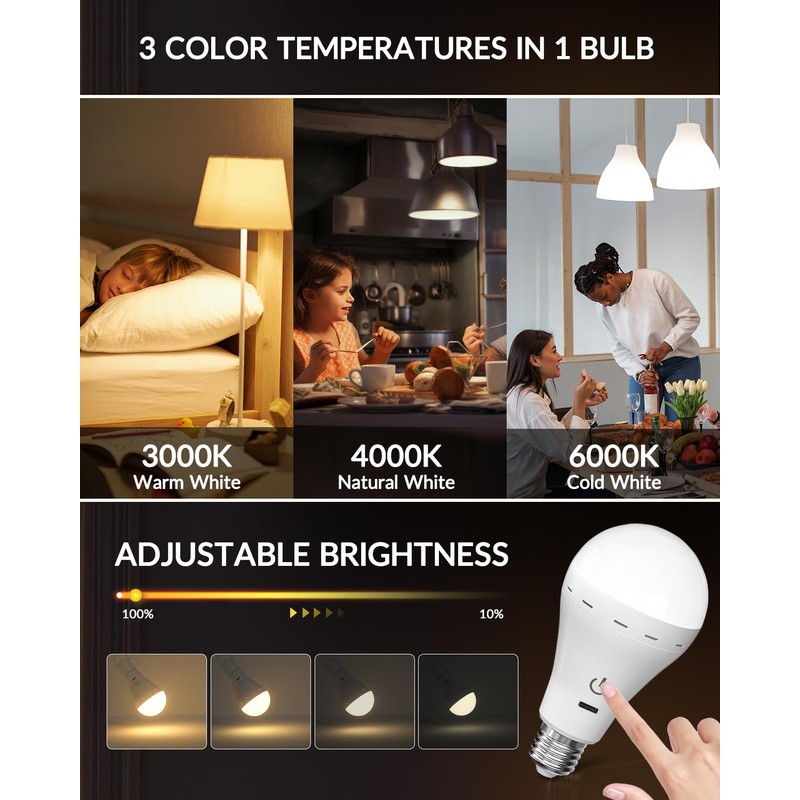 BrightArk E26 Rechargeable Led Light Bulbs with Remote, 3 Colors