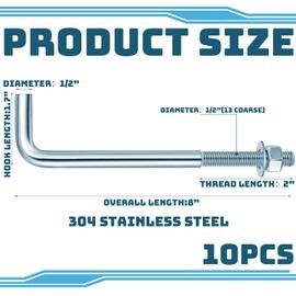 Yaocom 10 Pcs J Bolt Galvanized Anchor Bolts Galvanized Concrete Fastener Concrete Cement Post Anchor with Nuts and Washers for Foundation Wall Hardware Brick Projects, Gray(1/2-13 x 8)