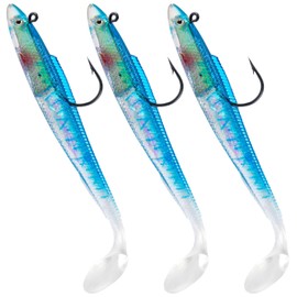 Alwonder 3pcs Sandeel Fishing Lures 15cm/30g Jig Head Soft Lure with Paddle-Tail Swimbait Pre-Rigged Fishing Lure Tackle for Predators Bass Pike Trout Perch Transparent Blue