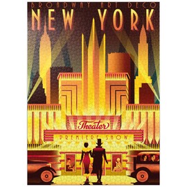 MyPuzzle New York Night Broadway Art Deco Style Vintage Poster Illustration - Premium 1000 Piece Jigsaw Puzzle for Adults