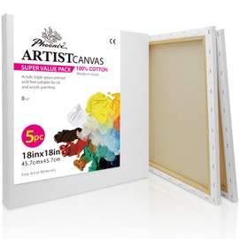 PHOENIX Large Stretched Canvas for Painting 18x18 Inch/5 Value Pack, 8 Oz Triple Primed 5/8 Inch Profile 100% Cotton White Blank Canvas, Square Framed Canvas for Oil Acrylic & Pouring Art