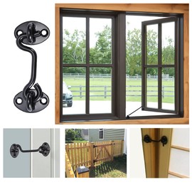 Pack of 2 Storm Hooks with Eyelet, Cabin Hooks, Stainless Steel, Door Hooks, Black Window Hooks, Storm Hooks for Swing Door, Wood, Shutters, Wood, Barn Door, Garden Gate, Latch with 8 Mounting Screws