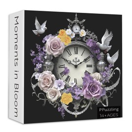 Vintage Clock Flower Puzzle for Adults 1000 Pieces, Nature Challenging Art Puzzle, Retro Clock Unique Floral Jigsaw Puzzle with Blossoming Roses, Doves Wall Art for Home Decor