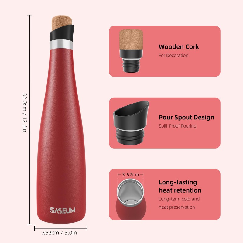 SASEUM Wine Bottle, 24 oz Insulated Stainless Steel Water Bottle