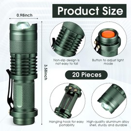 Fumete 20 Pieces LED Flashlight Mini 3 Mode Tactical Torch Small Water Resistant Pocket Flash Light Adjustable Focus Light Pen for Men, Father, Indoor Outdoor Hiking(Dark Green)
