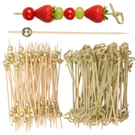 Hadnves 100PCS Bamboo Cocktail Picks Long Fancy Toothpicks Bamboo Knot Skewers Ball Food Cocktail Picks with Looped Knot Party Supplies for Appetizers Drinks Desserts Sandwich Charcuterie Boards