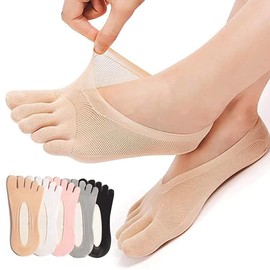 Funklu 5 Pairs Women's Toe Socks, Short Toe Socks, Ice Silk, Non-Slip, Invisible Trainer Socks, Women's Ankle Socks with Non-Slip 37-41, White, grey, skin colour, black, pink, One size fits all