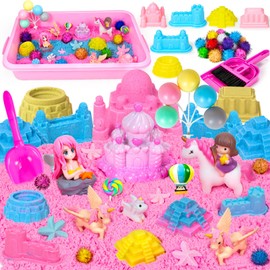 Unicorn Sensory Sand Bin, Sandbox Play Sand Set Sensory Bins for Kids Toddlers Sensory Toys with 2.2lbs Sand, Castle Mould, Mermaid, Tools, Sand Art Kit for Girls Ages 2 3 4 5 6 7 8 Gift