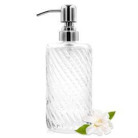 18 Oz Ribbed Glass Soap Dispenser with Stainless Steel Pump, Refillable Liquid Soap Bottle for Bathroom, Kitchen, Hand Soap, Dish Soap, or Lotion