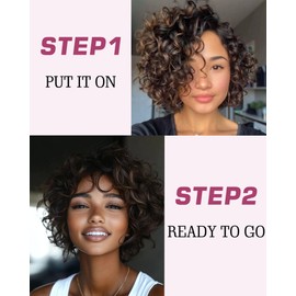 FASHION IDOL Pixie Curly Brown Human Hair Wig C-type Lace Wear and Go Short Curly Bob Wig for Women 8 Inches