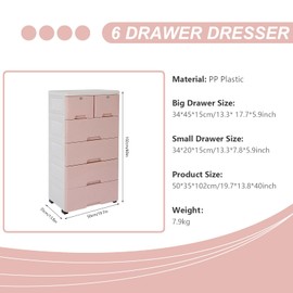 CeRaBuRET 6 Drawers Storage Plastic Dresser, Pink Dresser for Kids Bedroom, Plastic Chest of Drawers Kid Dresser Storage Organizer with Wheels, Suitable for Bedrooms, 19.7" W x 13.8" D x 40" H (Pink)