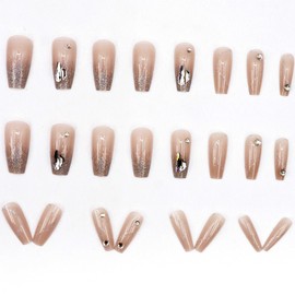 24 Pcs Rude Press on Nails Coffin Long Designs, Diamond Bling French Fake Nails with Nail Gel Glue, Cute Ballerina Stick on Nails for Women, Medium False Nails for Nails Art Gifts
