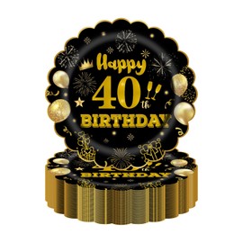 EVYIENEN 50Pcs 40th Birthday Party Paper Plates,7inch Disposable Black and Gold Scalloped Dessert Party Plates for Birthday Wedding Anniversary Reception Event Decorations