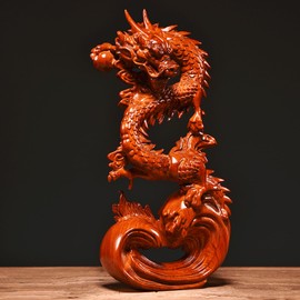 Otjidku Feng Shui Dragon Statue- Chinese Dragon on Wood Sculpture Figurine Ornament Attract Wealth and Good Luck Office Home Decor (Red) (7 Inch)